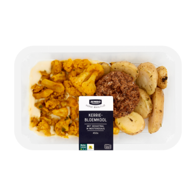 Huismerk Foodmarkt Kerriebloemkool met Aardappelschijfjes, Gehaktbal en Mosterdsaus